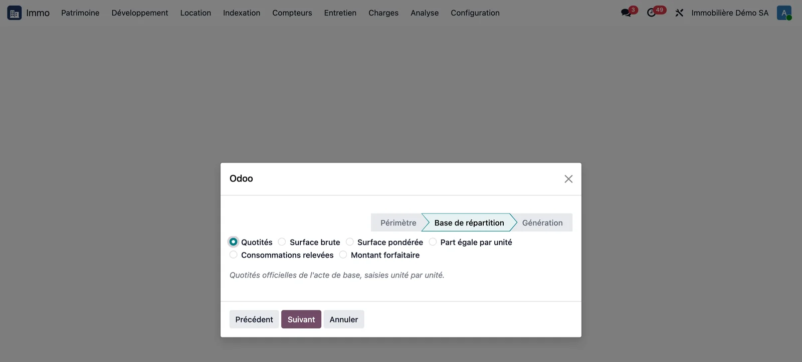 Assistant Nouvelle clé de répartition, choix de la base