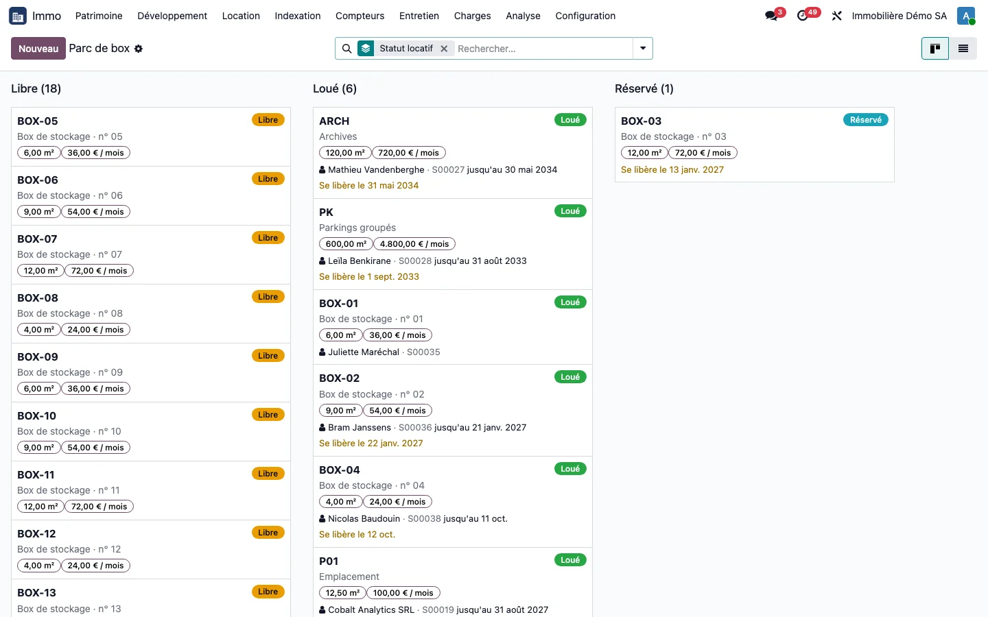 Parc de box en kanban : Le parc de box : 18 libres, 6 loués, 1 réservé, avec surface, loyer de référence, locataire et date de libération.