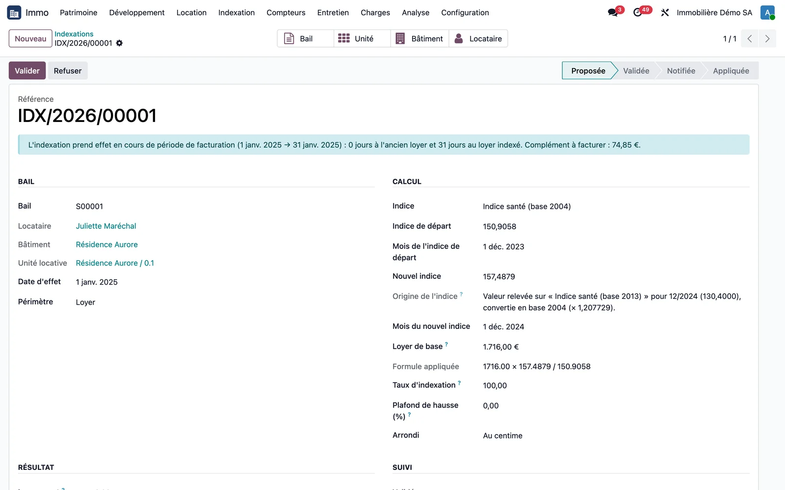 Indexation proposée IDX/2026/00001 : bandeau de complément, bail, indices, origine de l'indice convertie depuis la base 2013, formule