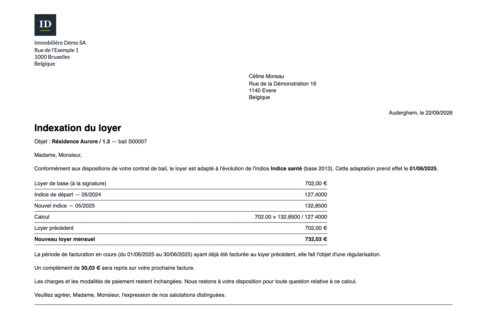 Avis d'indexation adressé au locataire : loyer de base, indices et mois, calcul, nouveau loyer et complément