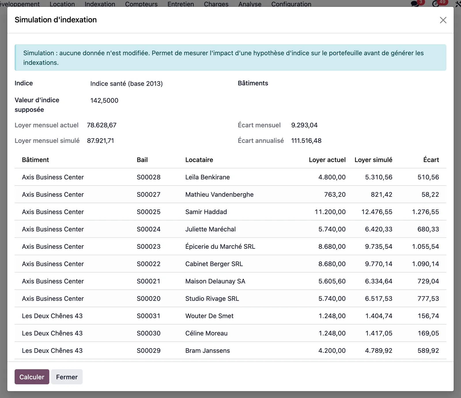 Simulation d'indexation sur l'indice santé base 2013 avec une valeur supposée : loyers actuels, simulés et écarts par bail