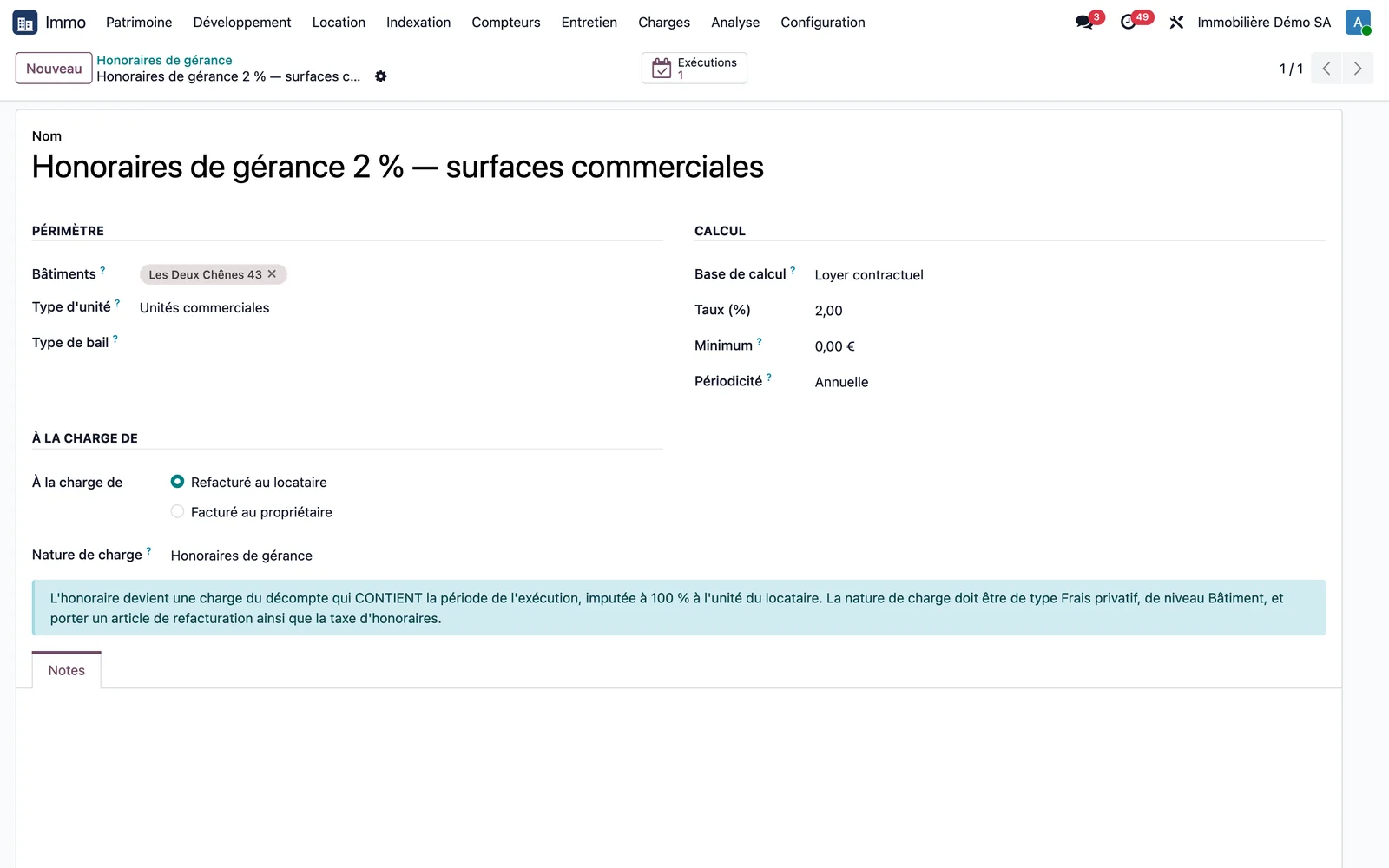 Règle d'honoraires de gérance : bâtiment Les Deux Chênes 43, unités commerciales, loyer contractuel, taux 2 %, périodicité annuelle, refacturé au locataire