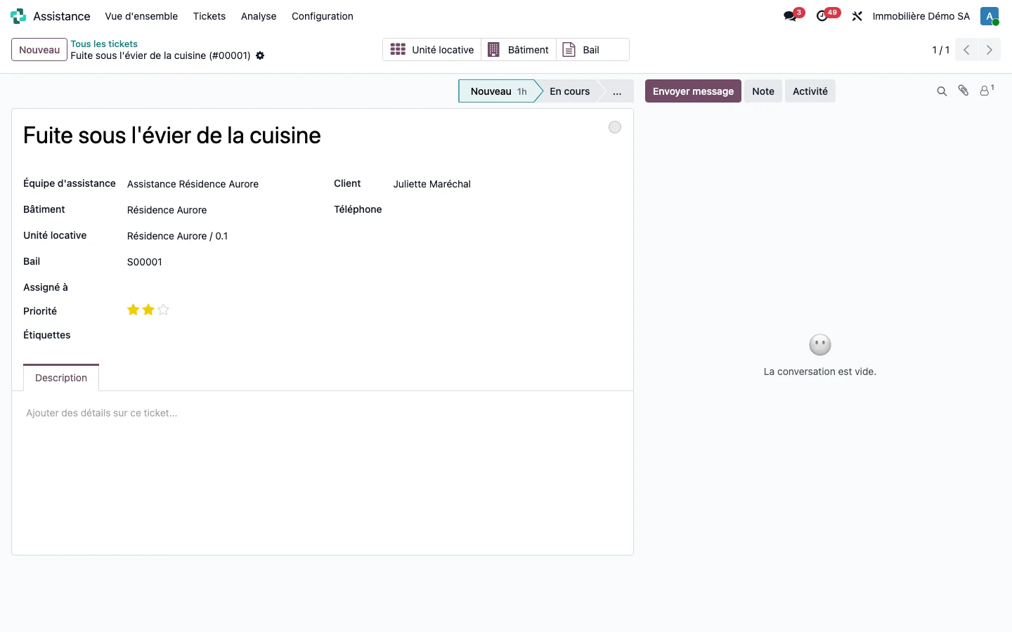Ticket rattaché au bail : Le ticket « Fuite sous l'évier de la cuisine » de Juliette Maréchal, rattaché à Résidence Aurore, à l'unité 0.1 et au bail S00001.