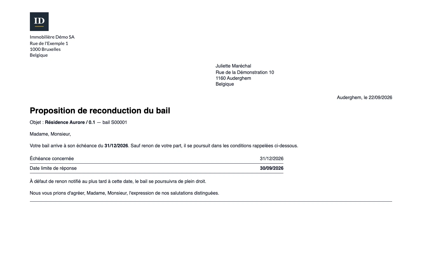 Courrier de reconduction : Le courrier de proposition de reconduction pour S00001 (rendu HTML du rapport) : échéance concernée et date limite de réponse. Données fictives.