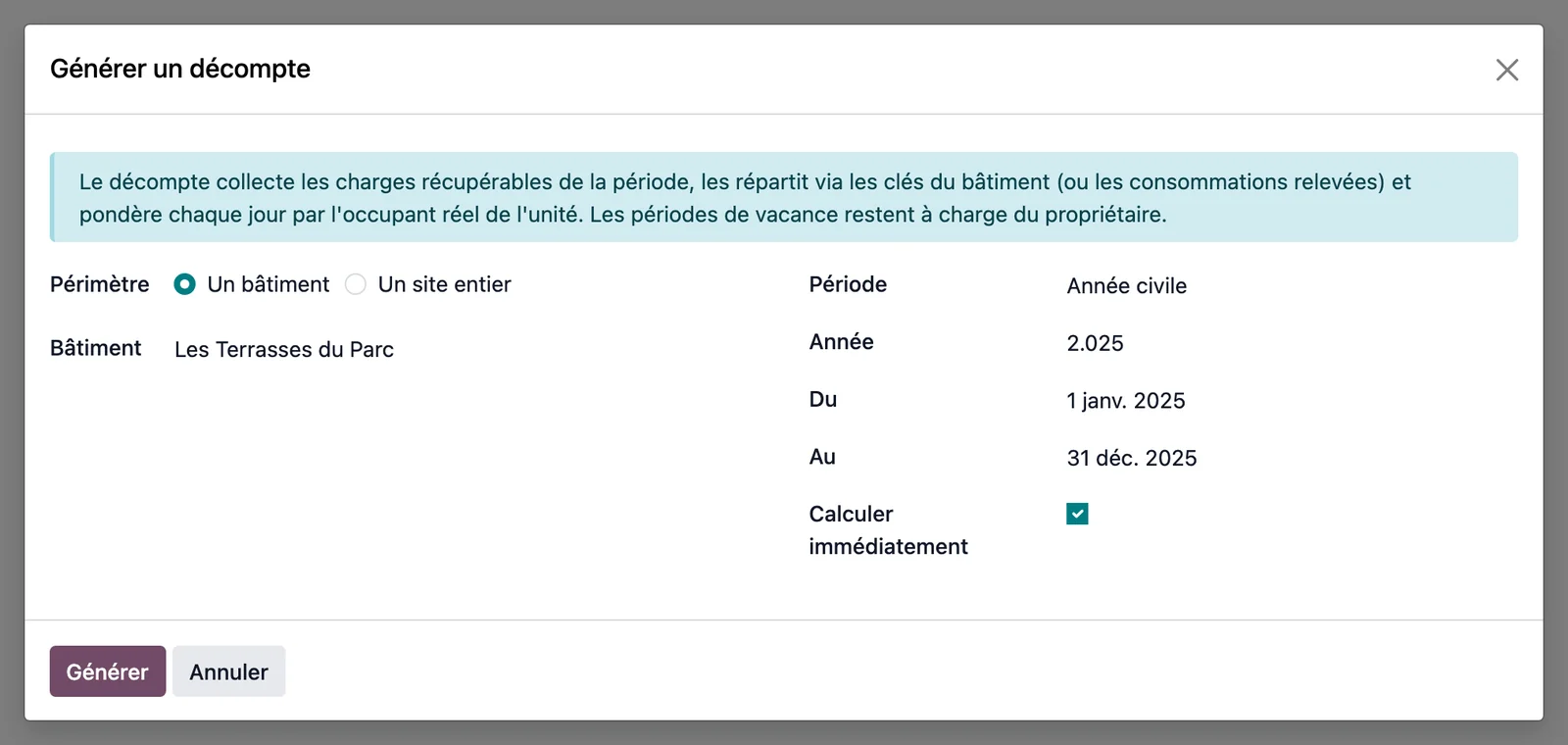 Assistant Générer un décompte : périmètre un bâtiment ou un site entier, période année civile, bornes et case Calculer immédiatement