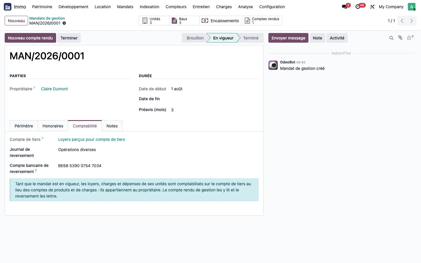 Onglet Comptabilité du mandat : compte de tiers 487000, journal de reversement, compte bancaire de la propriétaire.