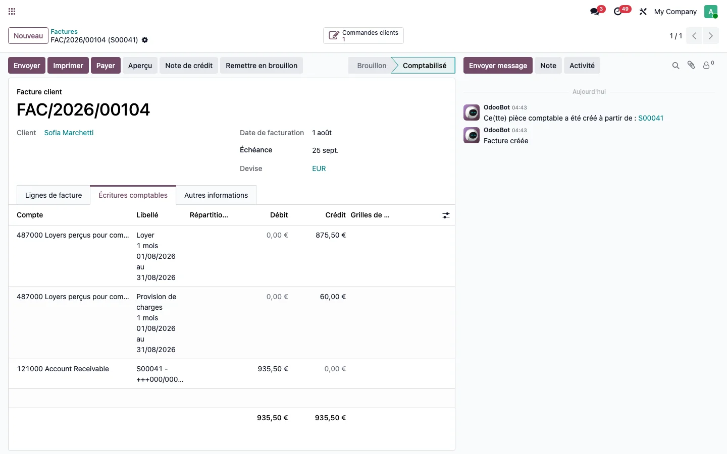 Facture de loyer d'une unité sous mandat comptabilisée sur le compte de tiers et non en produit.