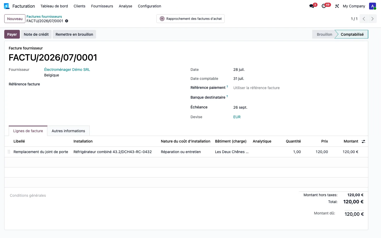 Vendor bill line qualified as Repair or maintenance on the appliance, 120.00 euros