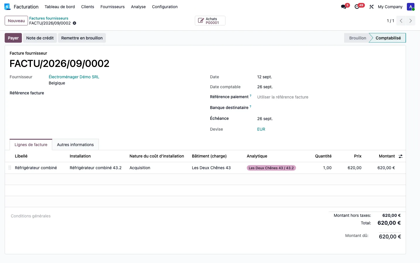 Invoice for the order qualified as Purchase on the unit's analytic account, 620.00 euros
