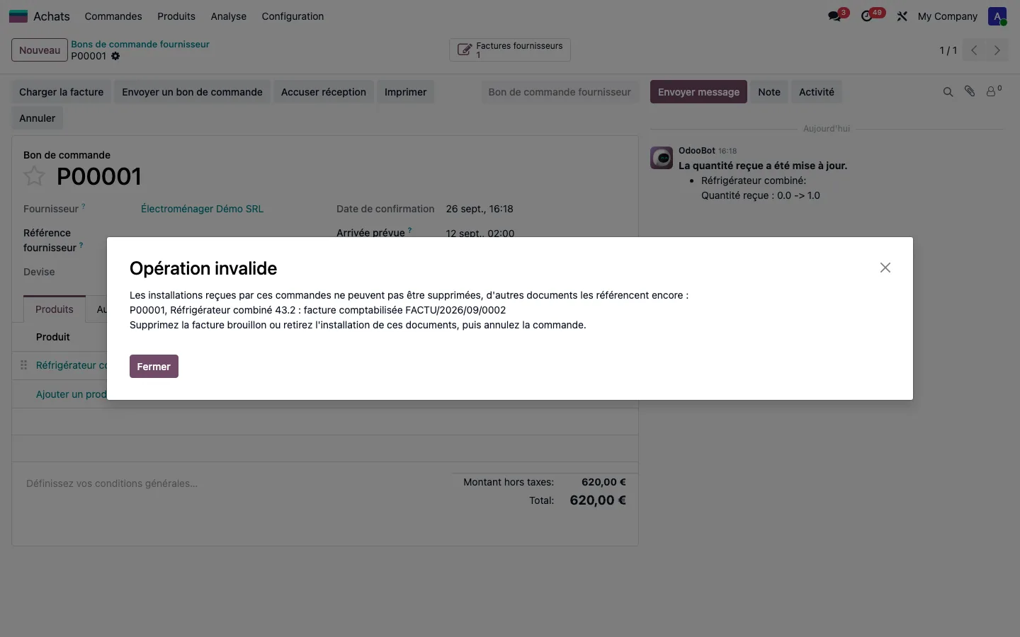 Cancellation of an order refused: the message names the invoice that is blocking it