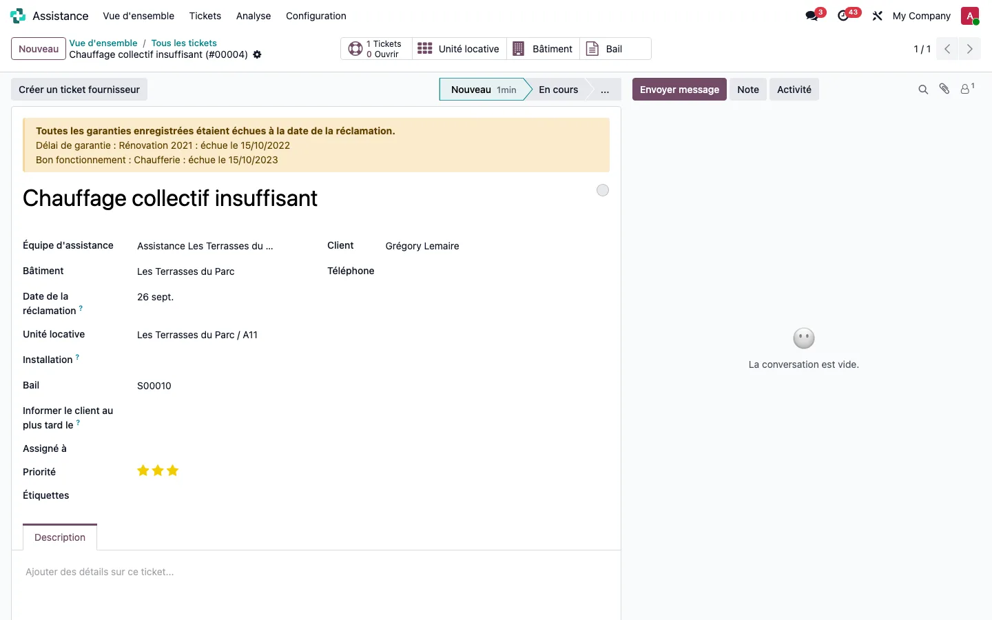 Ticket de um inquilino assinalado fora de garantia, com as garantias vencidas e as respetivas datas