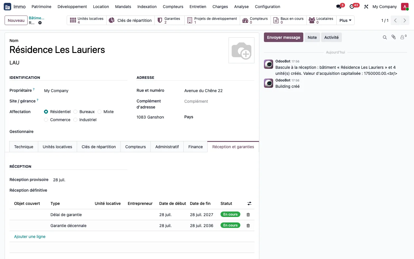 Building created from the transfer of a project: handover and two warranties set automatically