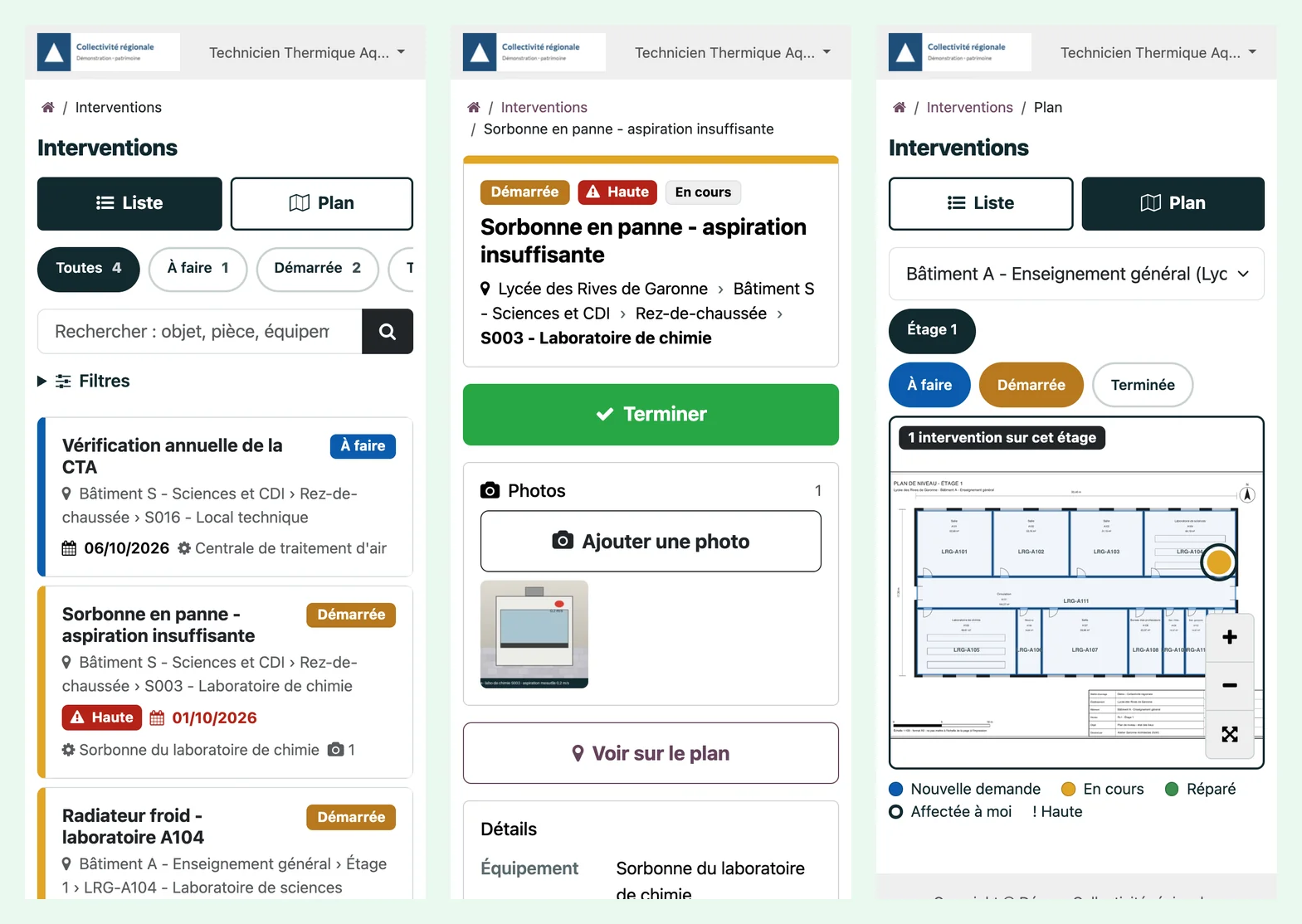 Trois écrans de téléphone : liste des interventions d'un technicien, fiche d'une intervention démarrée avec le bouton Terminer et ses photos, plan de l'étage avec les marqueurs.