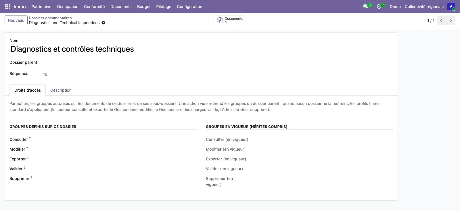 Fiche d'un dossier documentaire avec les groupes autorisés à consulter, modifier, exporter, valider et supprimer, et les groupes en vigueur hérités.