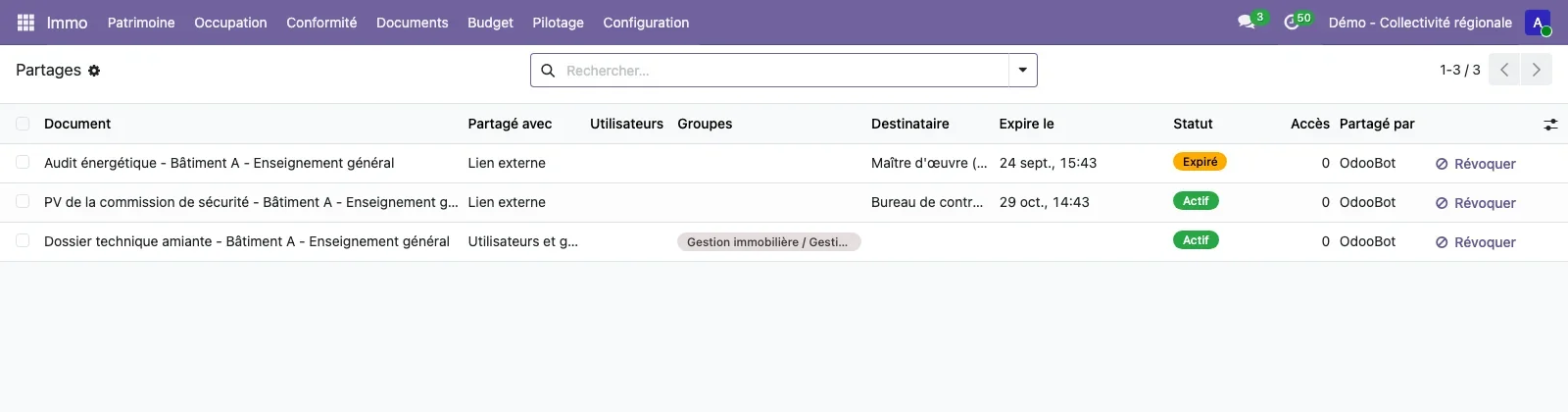 Liste des partages de documents : lien externe expiré, lien externe actif et partage interne avec des groupes, avec le nombre d'accès et le bouton Révoquer.