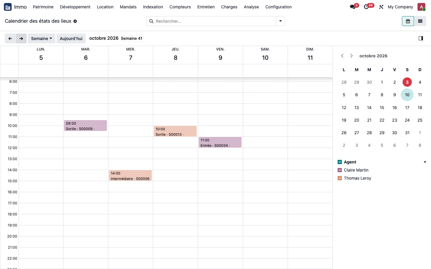 Calendrier des états des lieux : rendez-vous colorés par agent.